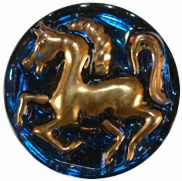 Blue Glass Button W/ Gold Horse 11/16"  |   Novelty Glass Glass Buttons Novelty Glass