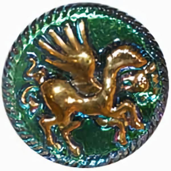 Green/Purple Glass Button W/ Gold Pegasus 1 3/8"  |   Color Glass Color Glass Color Glass