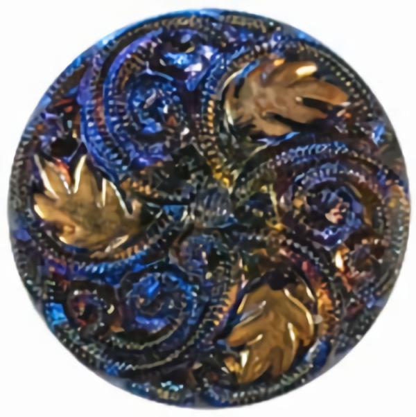 Purple-Blue Glass Button W/ Gold Leaves 9/16"  |   Color Glass Color Glass Color Glass