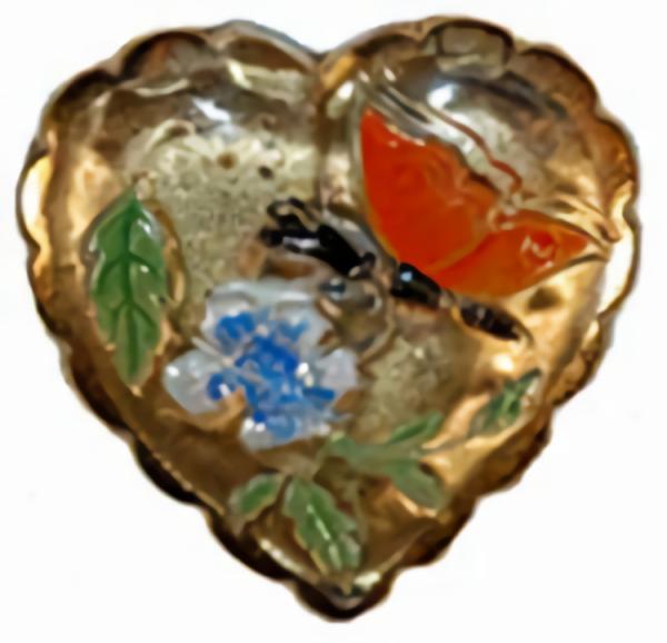 7/8" Gold Glass Heart W/ Flowers And Butterfly (23Mm)  |   Novelty Glass Glass Buttons Novelty Glass